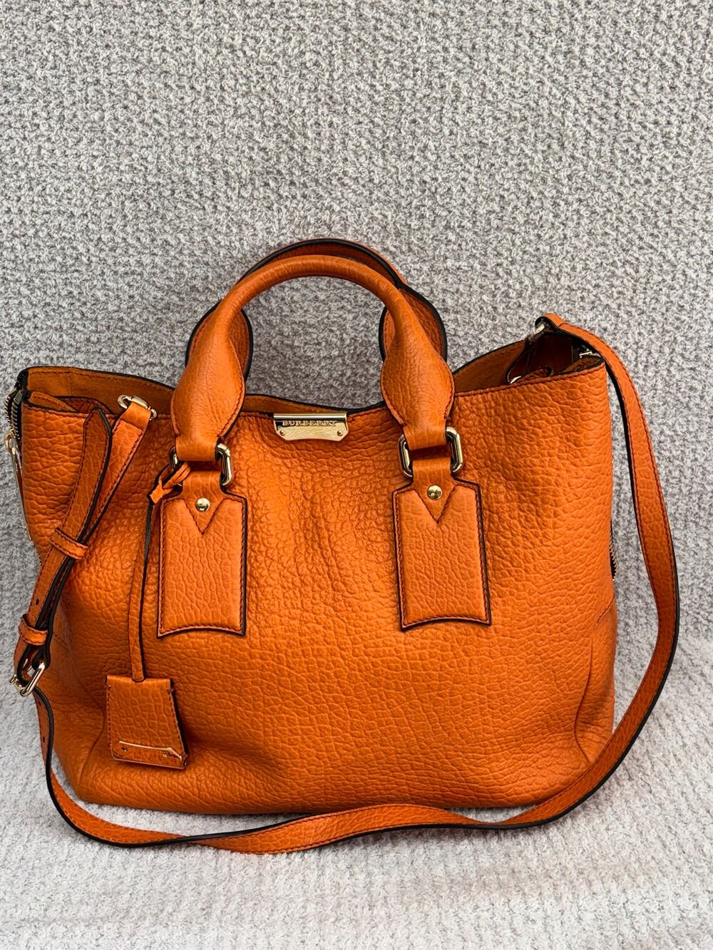 Burberry Orange Clifton Pebbled Leather Tote Purse #81983